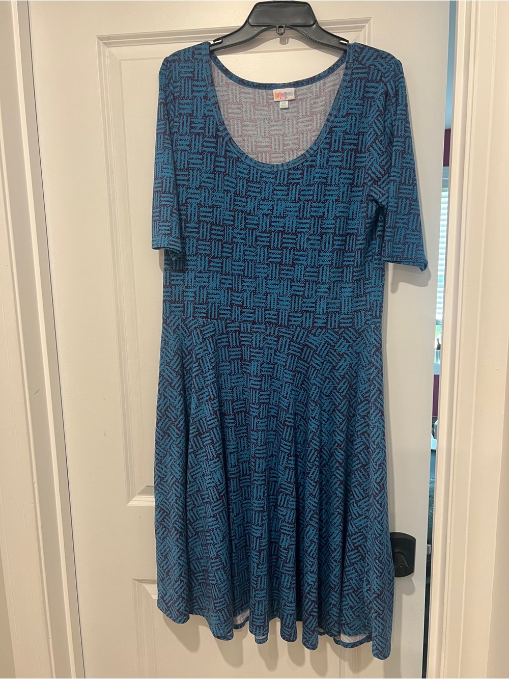 LuLaRoe Nicole Women's Blue Patterned Scoop Neck Fit & Flare Dress
